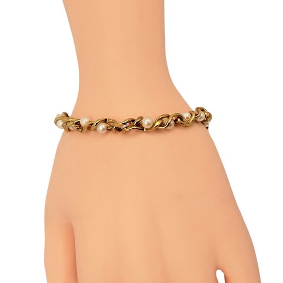 White Pearl 24K Gold Plated Tennis Bracelet 7" Station Link Minimalist Jewelry - Picture 3 of 11